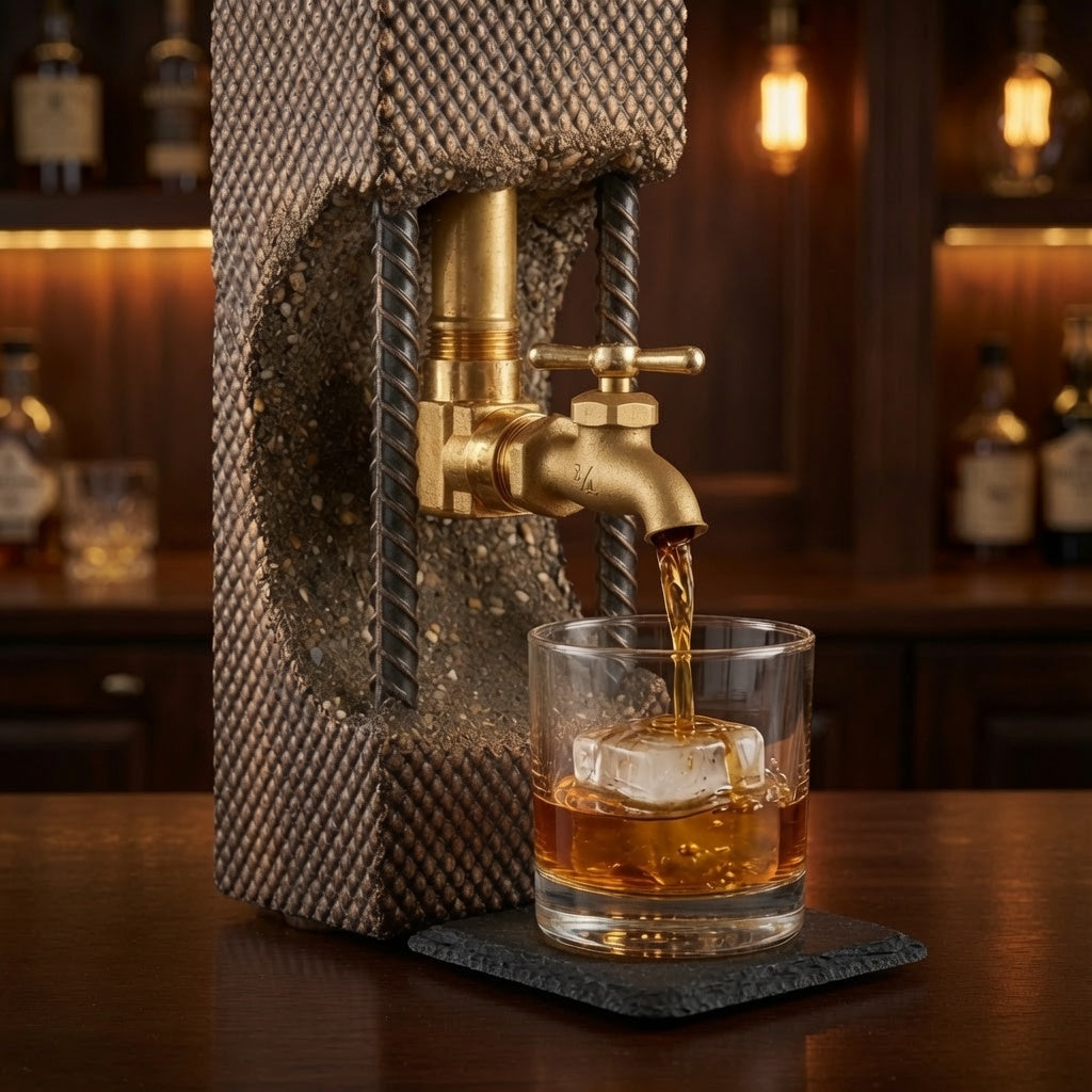 Gold patina whiskey dispenser pouring bourbon into a glass on a slate coaster
