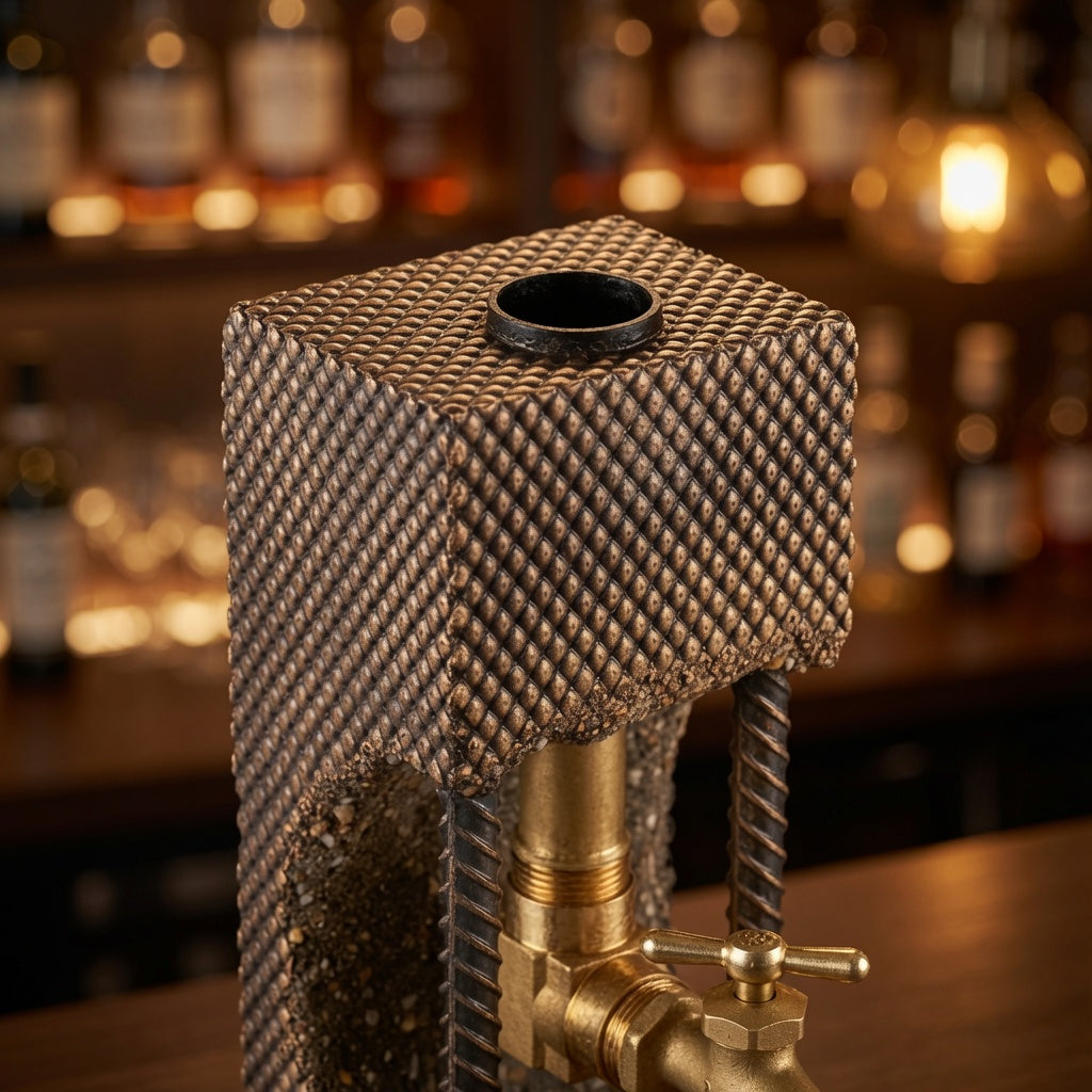 Top view of gold patina concrete whiskey dispenser showing bottle opening and hand-finished texture