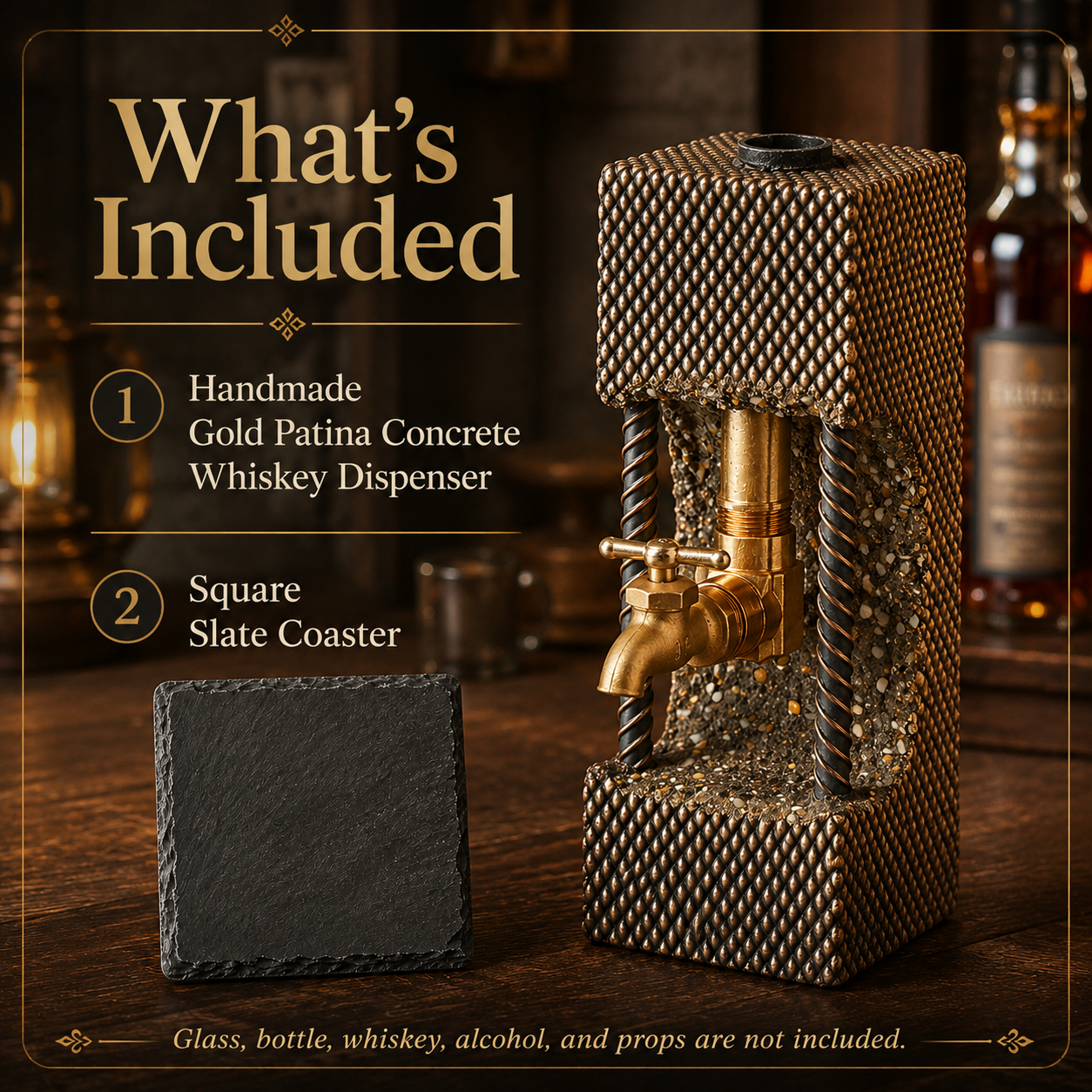 What is included with gold patina concrete whiskey dispenser and square slate coaster