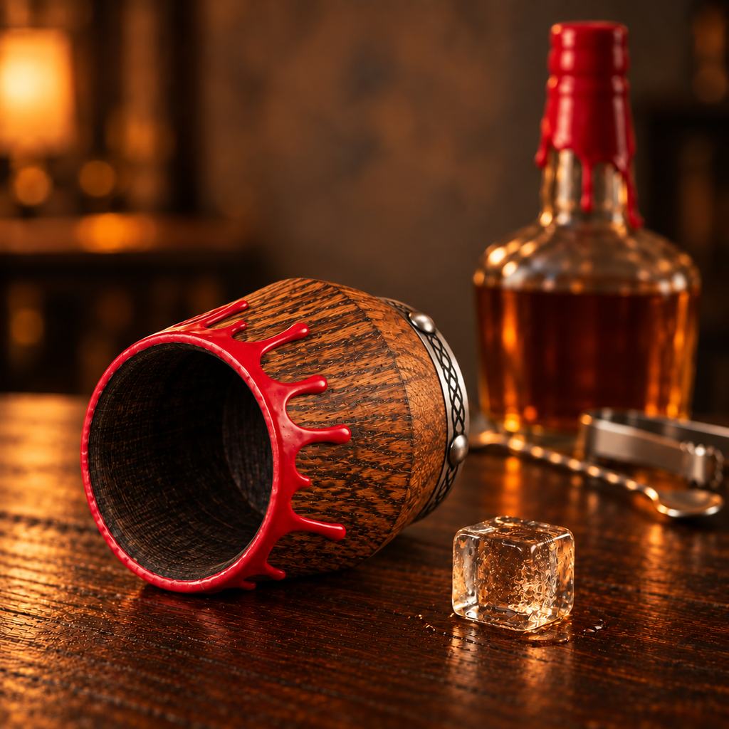 Red drip oak whiskey glass displayed with bourbon bottle in a warm home bar setting