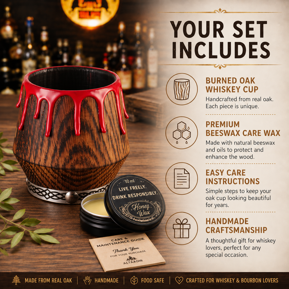 Oak whiskey glass with red drips beside care wax and a care guide, with an infographic describing the included items.