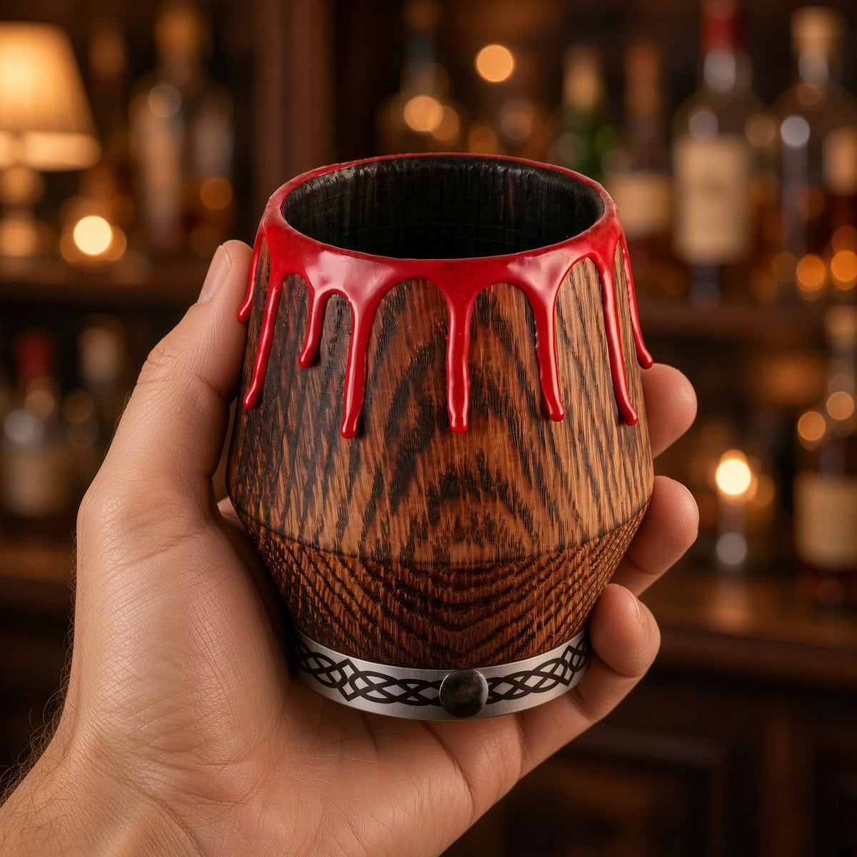 Hand holding an oak whiskey glass with red drips and a silver base against a softly blurred bar background.