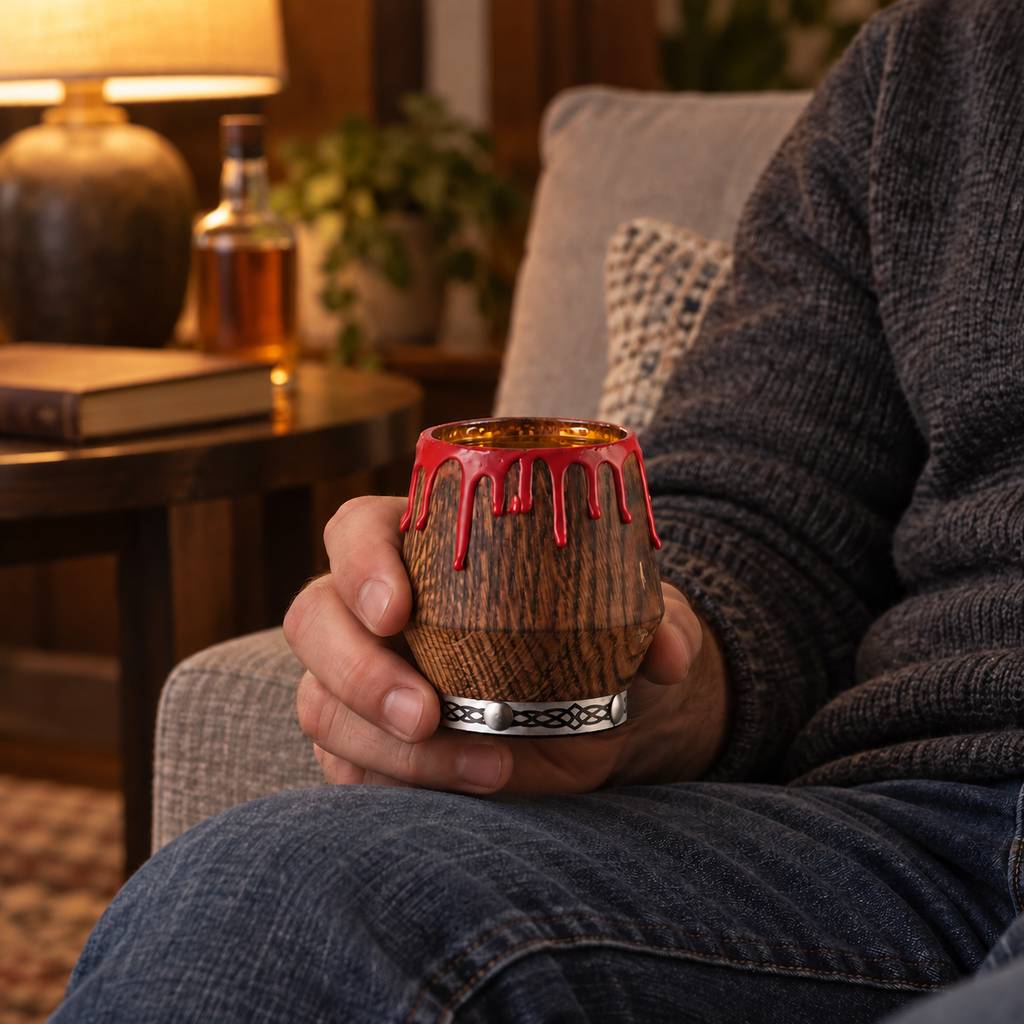 Person relaxing on a sofa holding a red drip oak whiskey glass, with a blurred whiskey bottle on the side table.