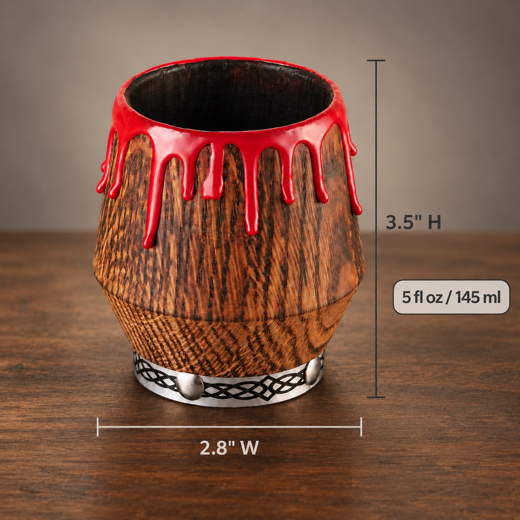 Oak whiskey glass with dimensions marked: 3.5 inches tall, 2.8 inches wide, and 5 fl oz / 145 ml capacity.