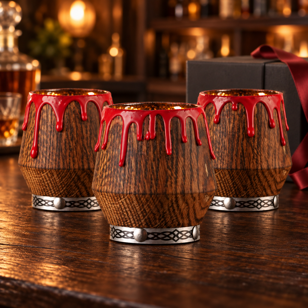 Three oak whiskey glasses with individual red drip patterns beside a dark gift box and ribbon in a warm bar setting.