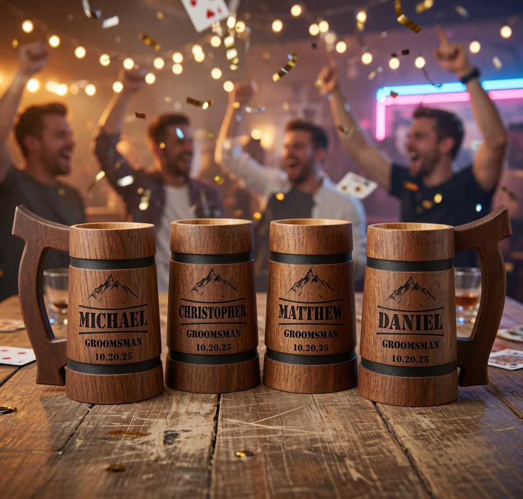 Groomsmen celebrating together with personalized oak beer mugs at a rustic wedding reception.