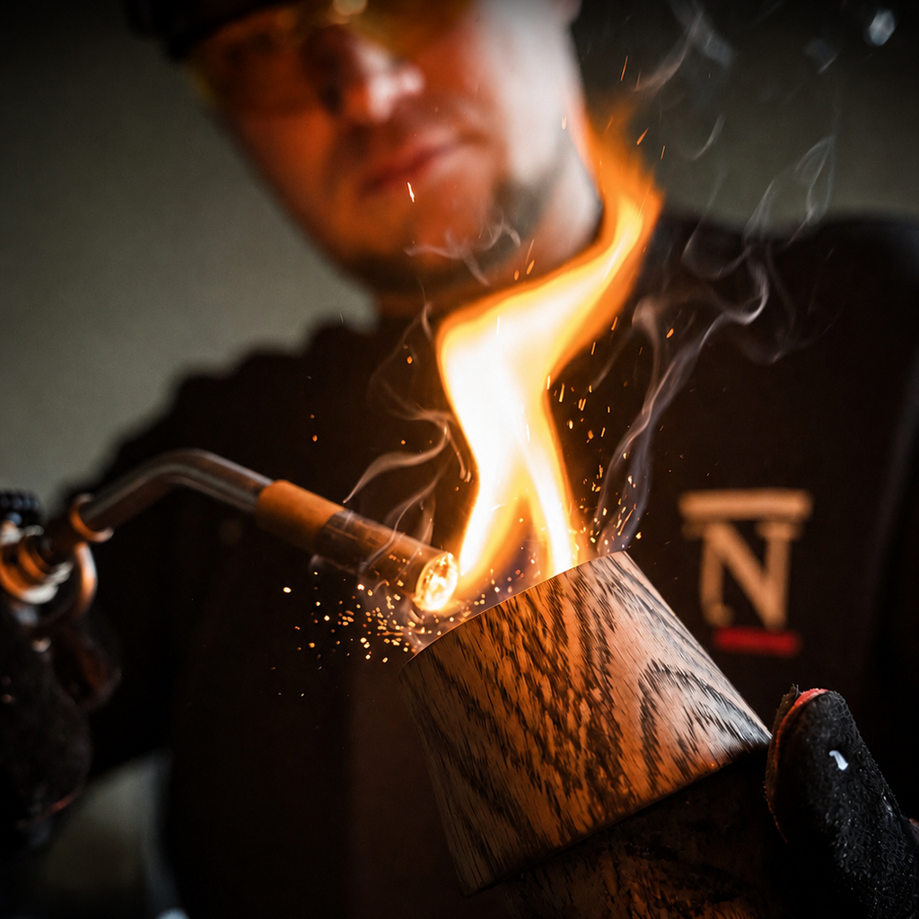 Handcrafted wooden whiskey gift box being charred by flame