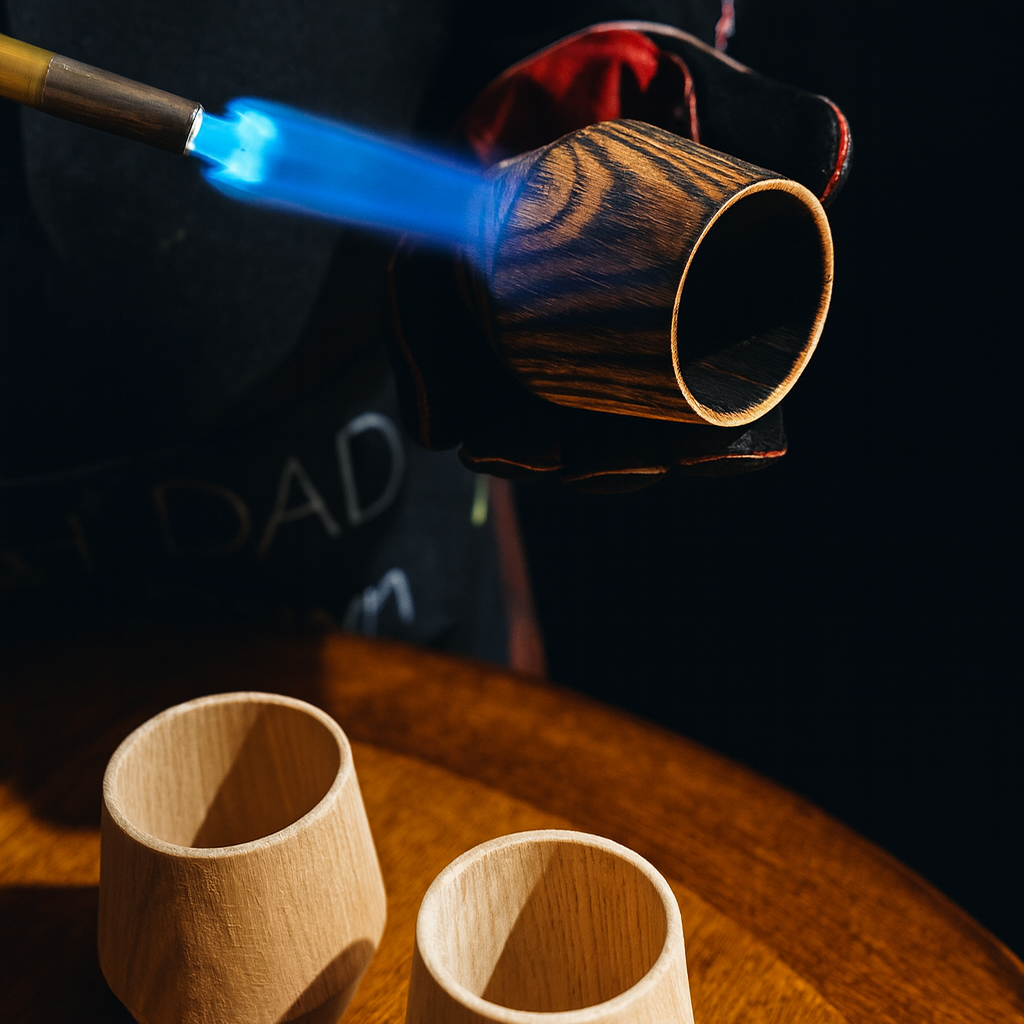 Artisan hand-charring an oak whiskey tumbler with real flame during the crafting process