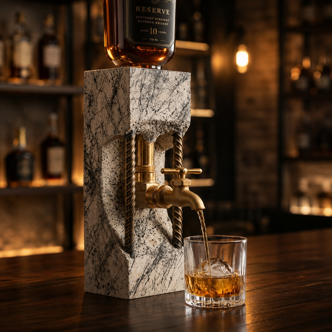 Industrial concrete liquor dispenser with brass tap styled on a warm home bar with whiskey glass.