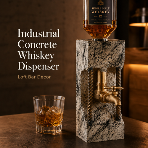 Industrial concrete whiskey dispenser with brass tap, metal accents, and glass of whiskey for modern home bar decor.