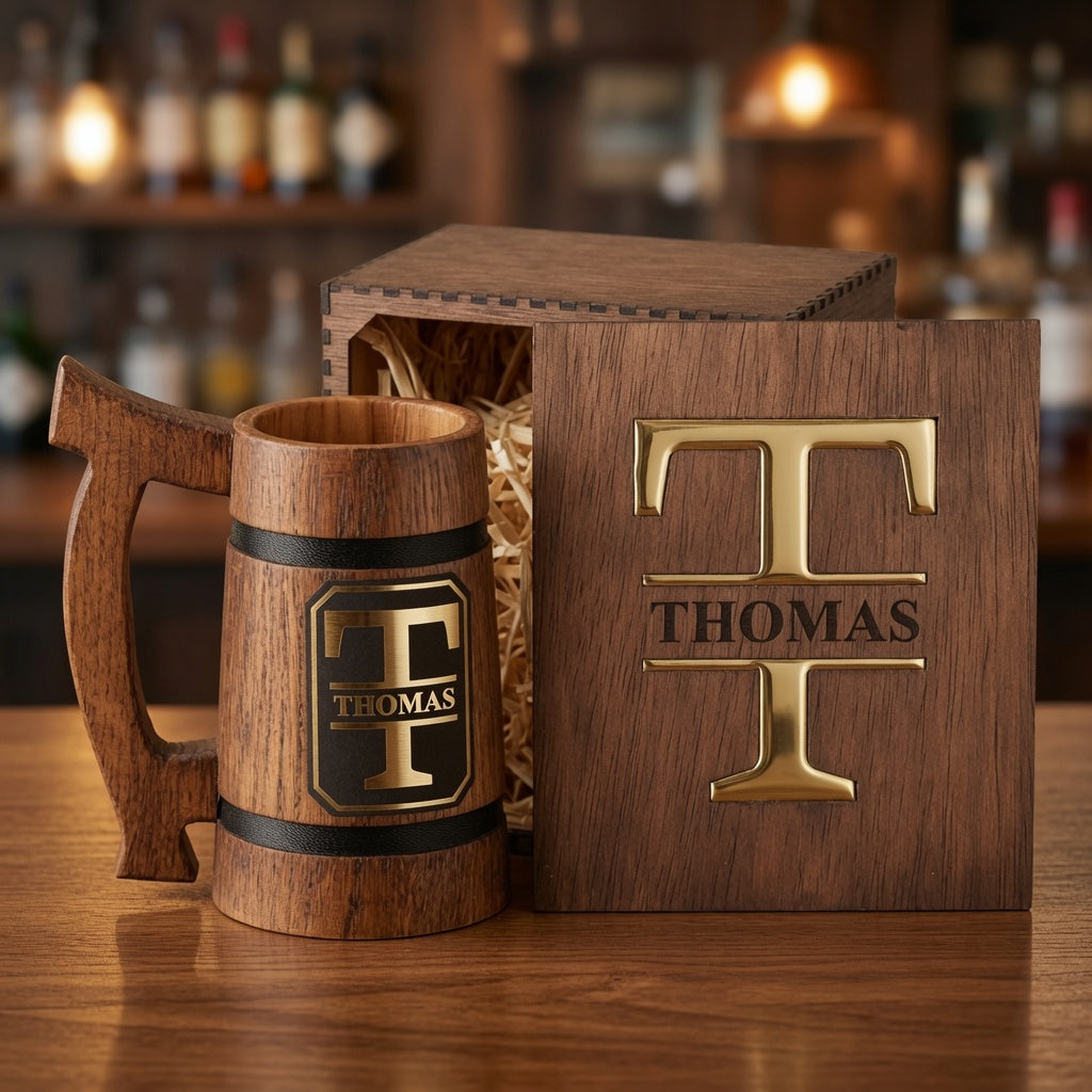 Luxury personalized beer lover gift set with an oak mug, gold plaque, and custom wooden presentation box.