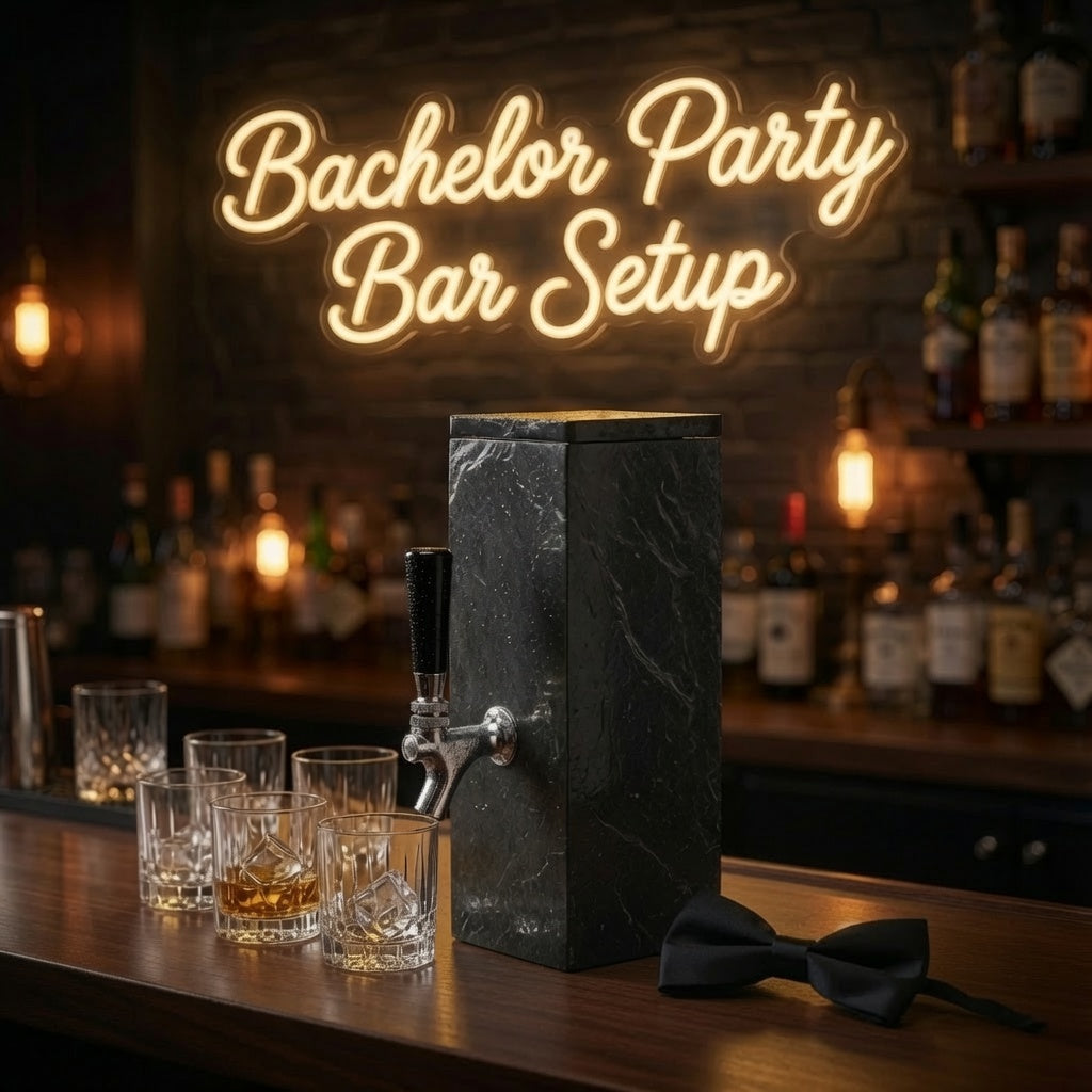 Natural black slate whiskey dispenser styled for bachelor party bar setup with glasses and warm party lights