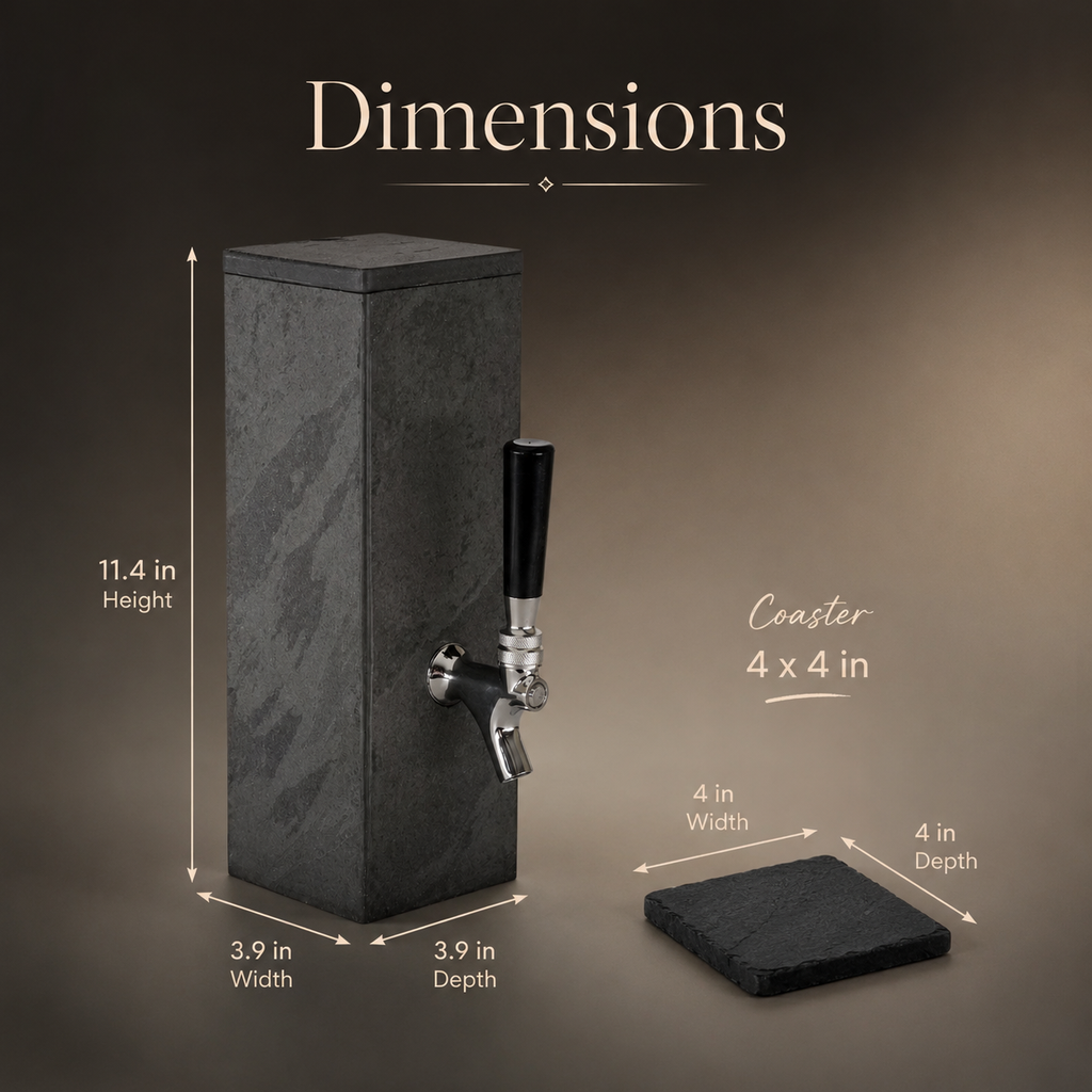 Product dimensions for natural black slate whiskey dispenser with 11.4 inch height and 4 x 4 inch coaster