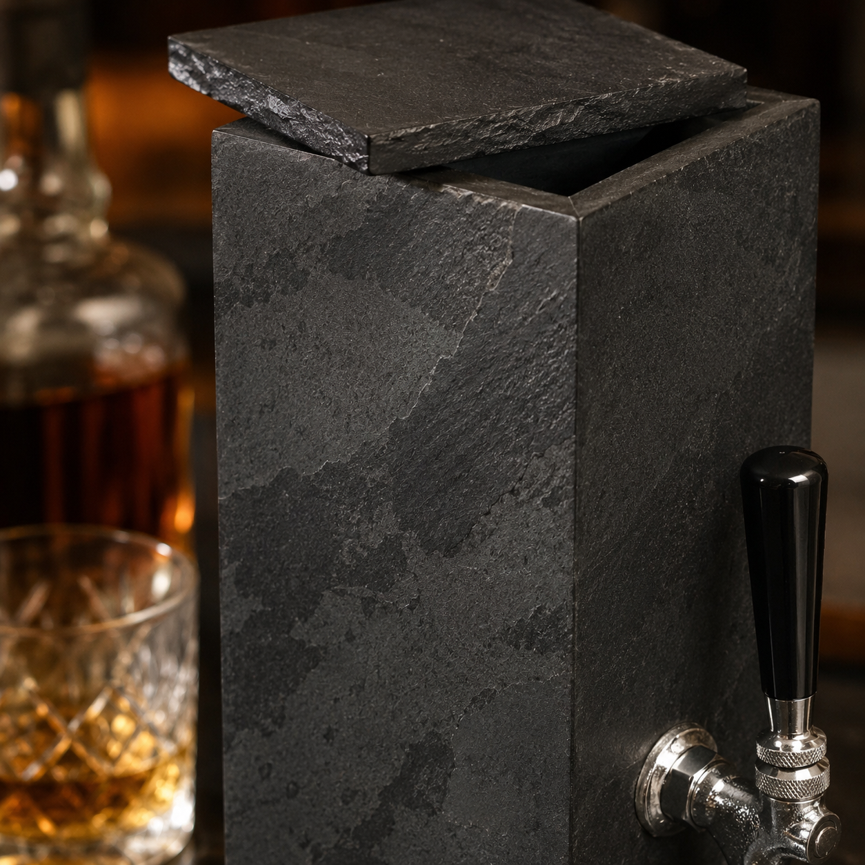Open top view of natural black slate whiskey dispenser showing dark slate texture and removable lid