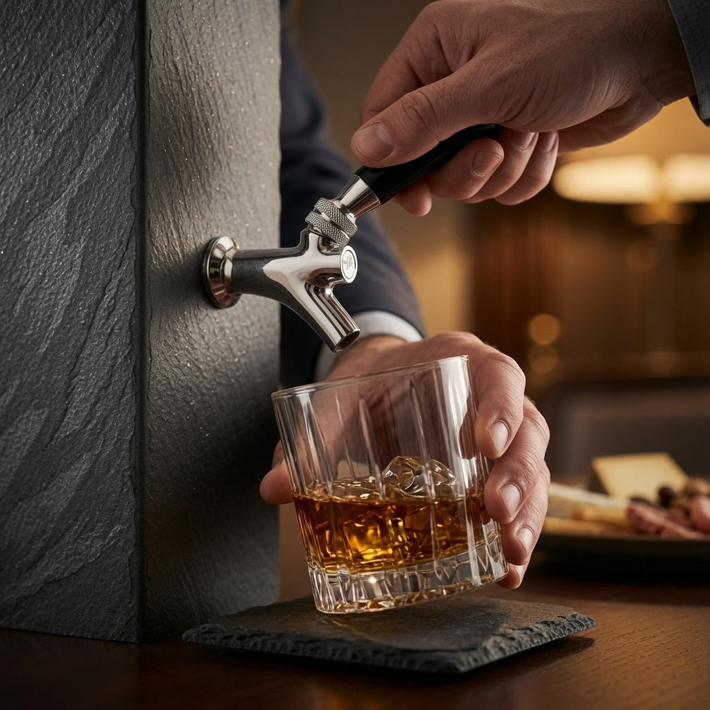 Hand pouring whiskey from natural black slate dispenser into a glass on a square slate coaster