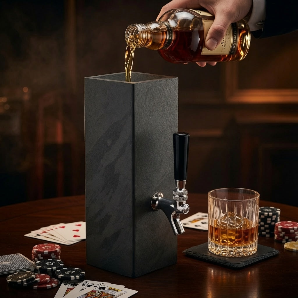 Whiskey being poured into the top opening of natural black slate dispenser for home bar serving