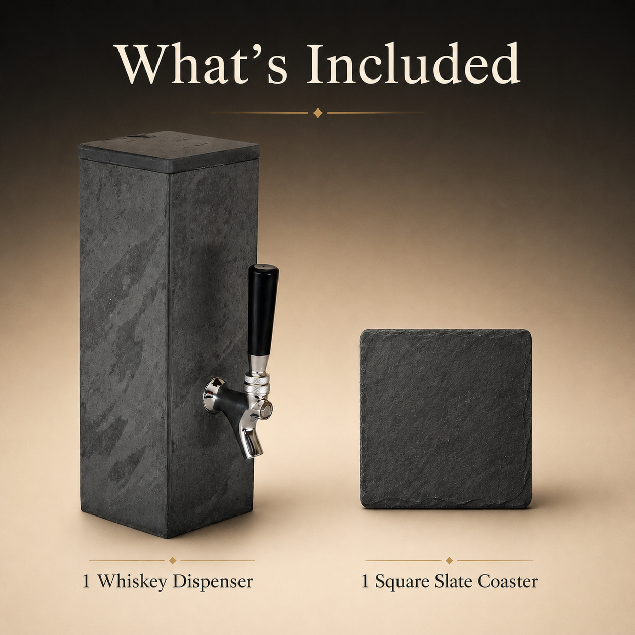 What is included with natural black slate whiskey dispenser set: one dispenser and one square slate coaster