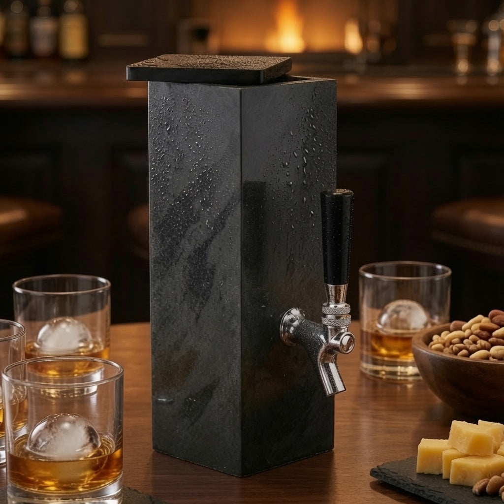 Natural black slate whiskey dispenser on a home bar table with whiskey glass, ice and snacks for a party bar setup