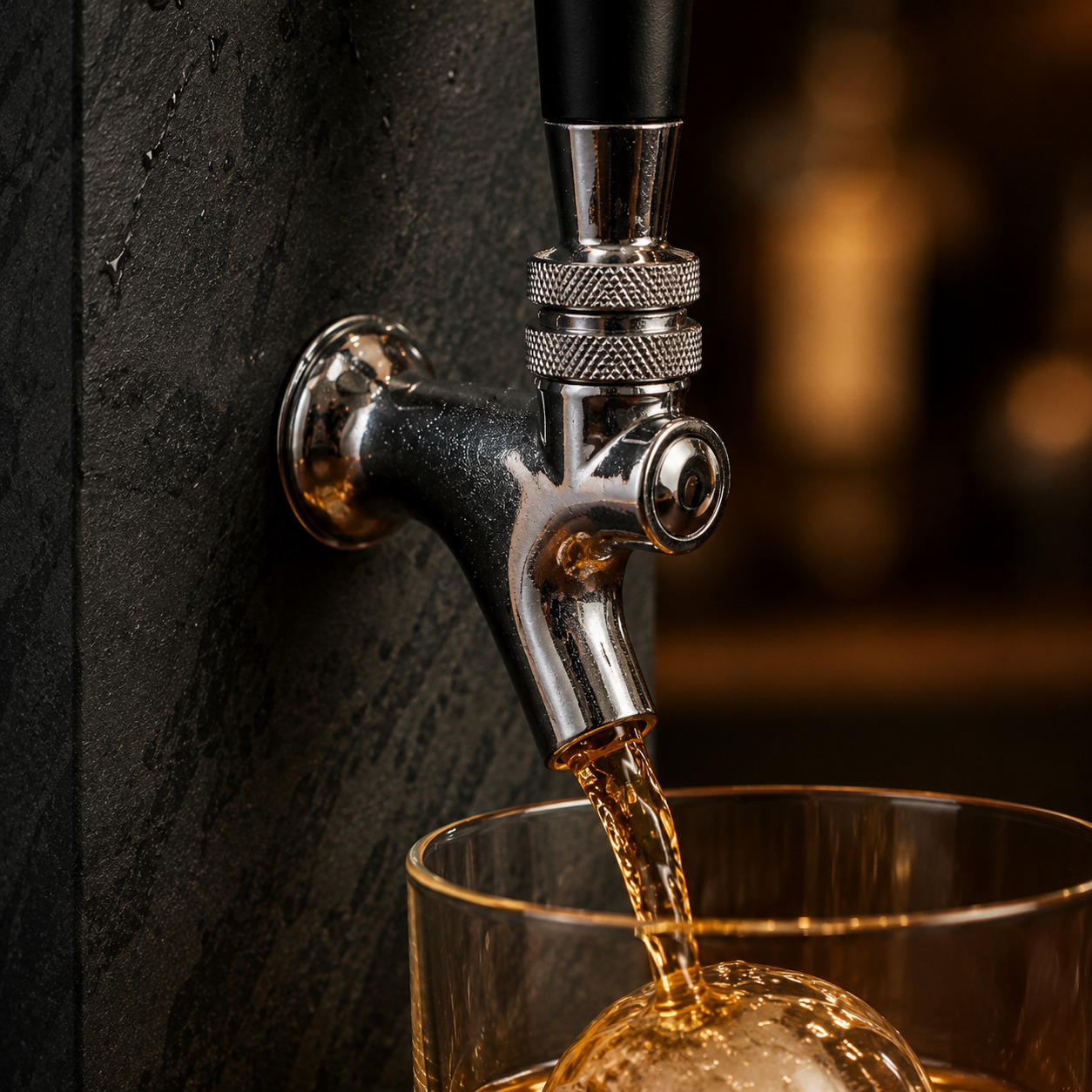 Close-up of whiskey pouring from metal spout into a glass, natural black slate dispenser in background