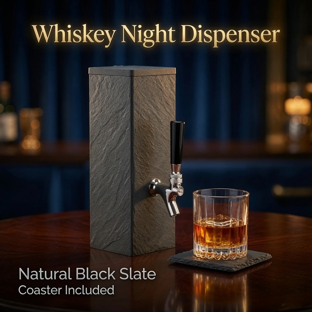 Natural black slate whiskey dispenser with matching slate coaster, styled as a whiskey night home bar accessory