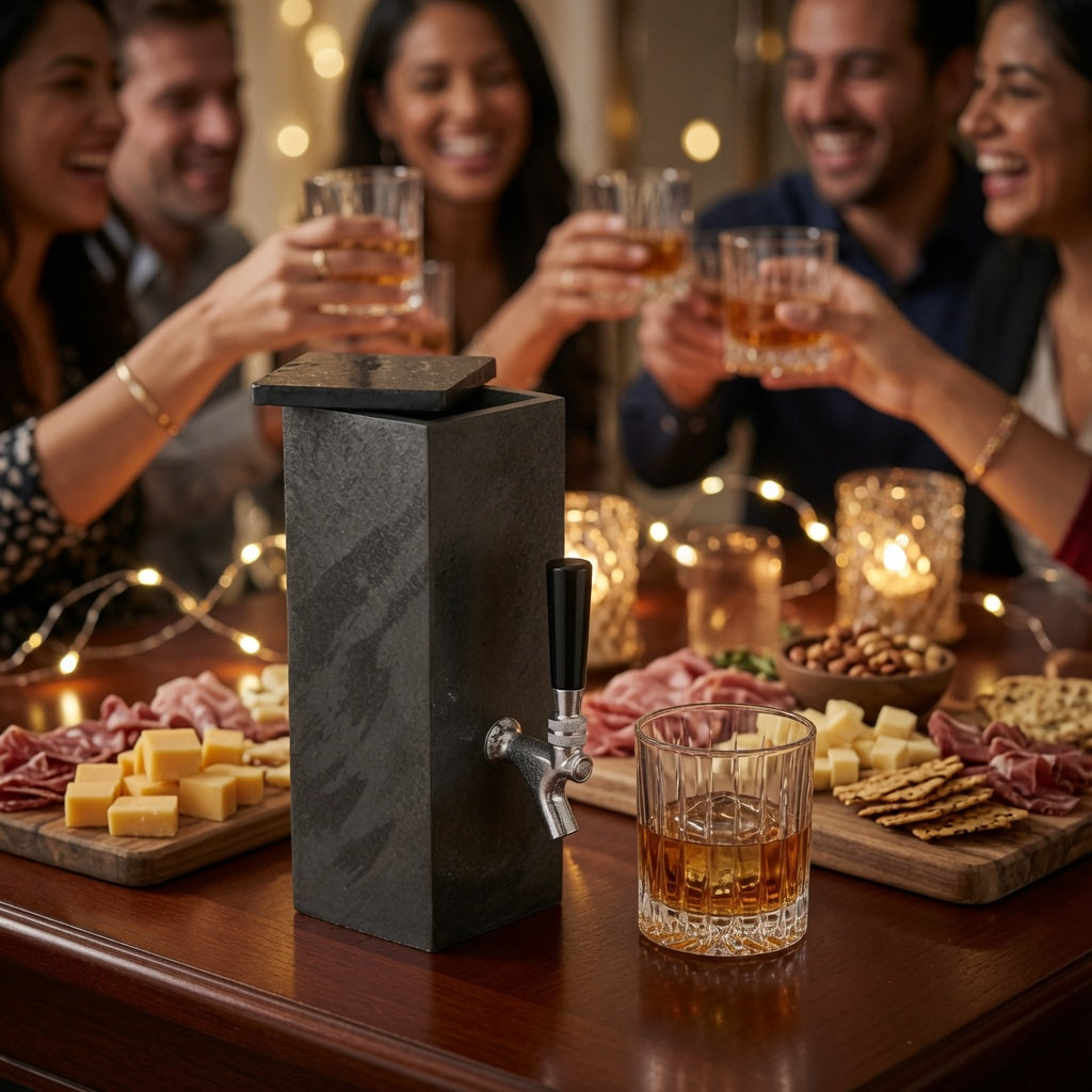 Natural black slate whiskey dispenser used for whiskey night gathering with friends, drinks and party snacks