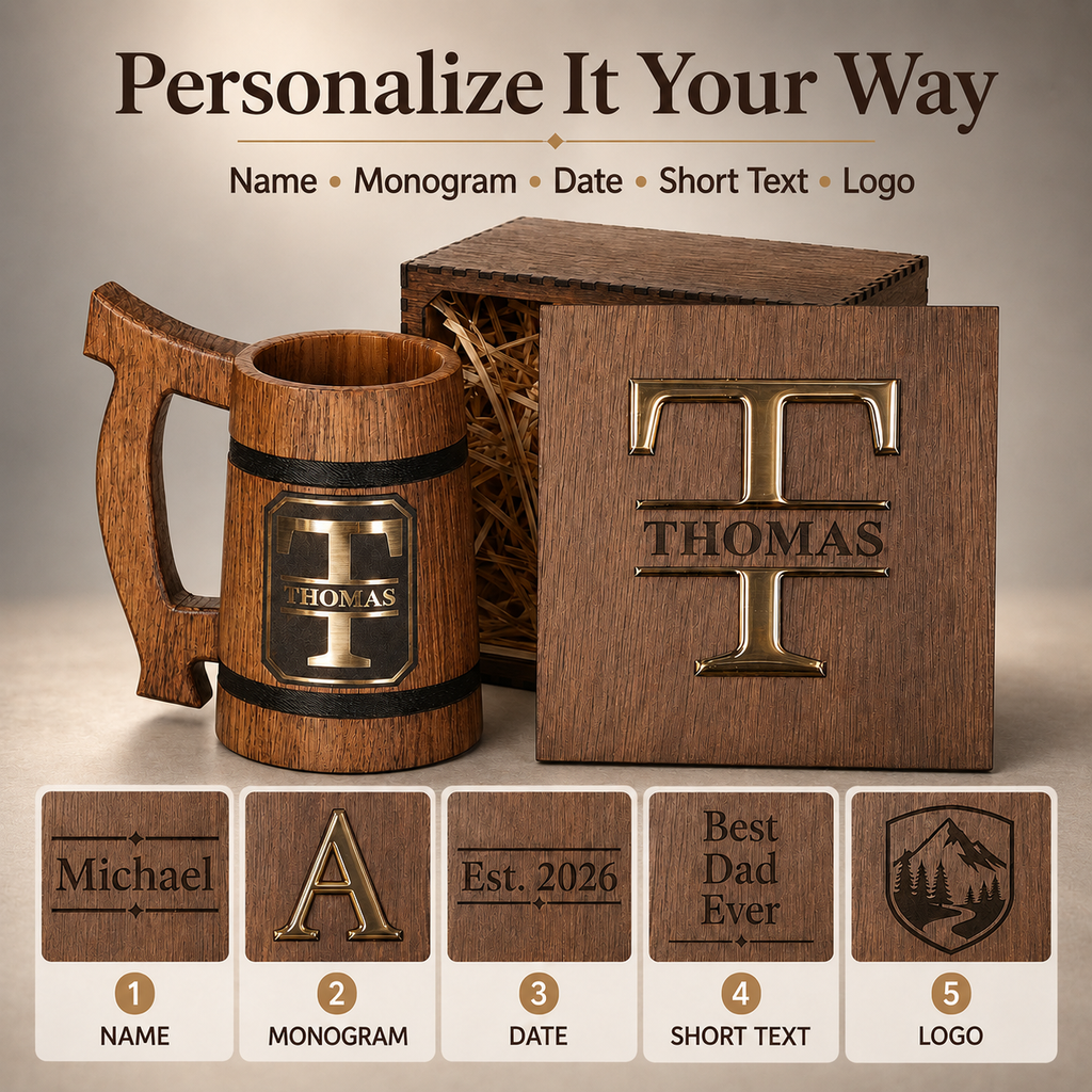 Personalization options for the oak beer mug plaque, wooden box lid, or the complete gift set.
