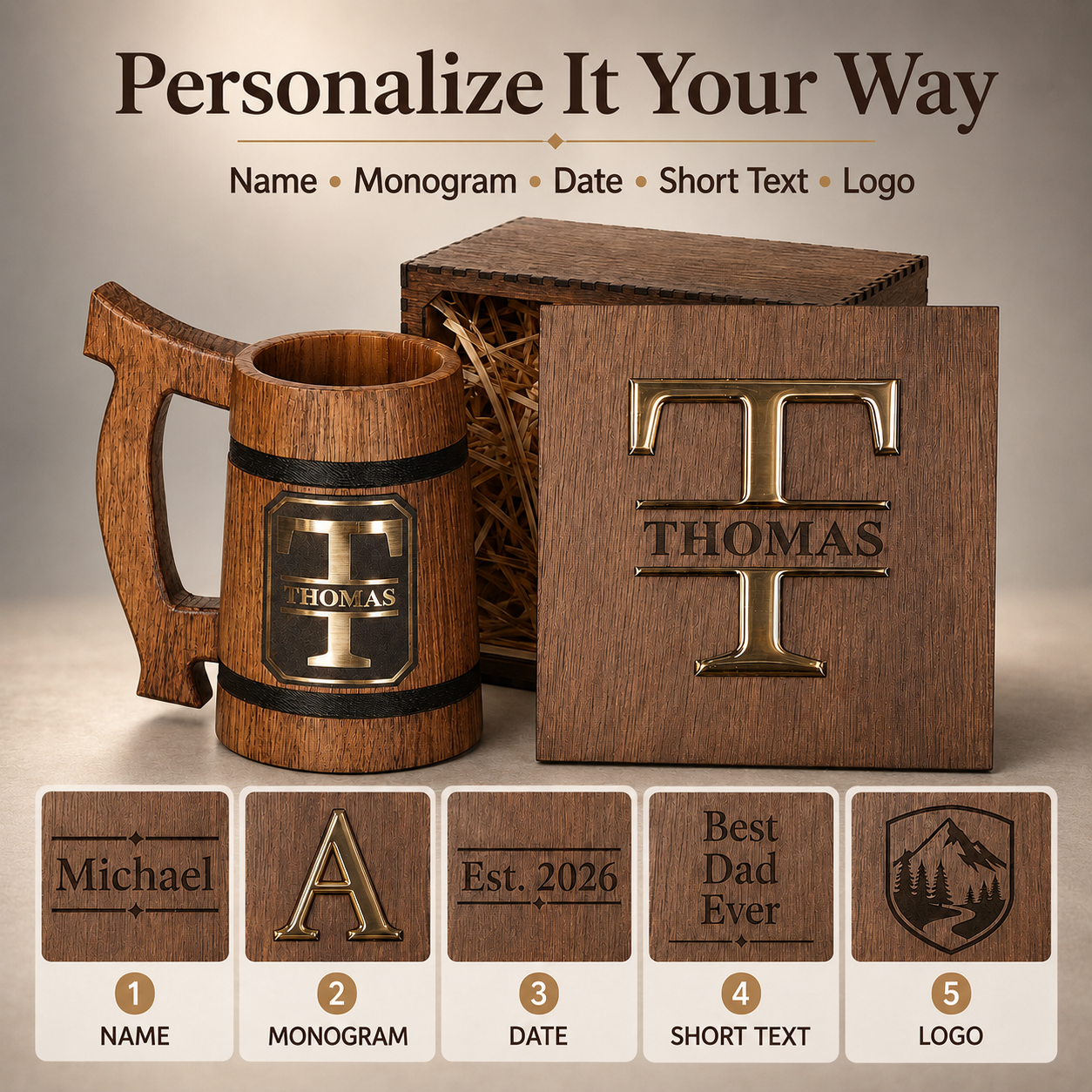 Personalization options for the oak beer mug plaque, wooden box lid, or the complete gift set.