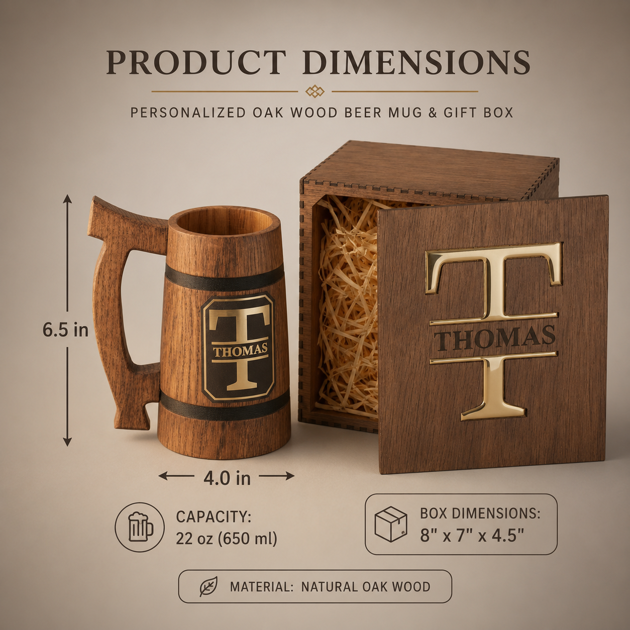 Product dimensions and capacity of the 22 oz oak beer mug and personalized wooden gift box.