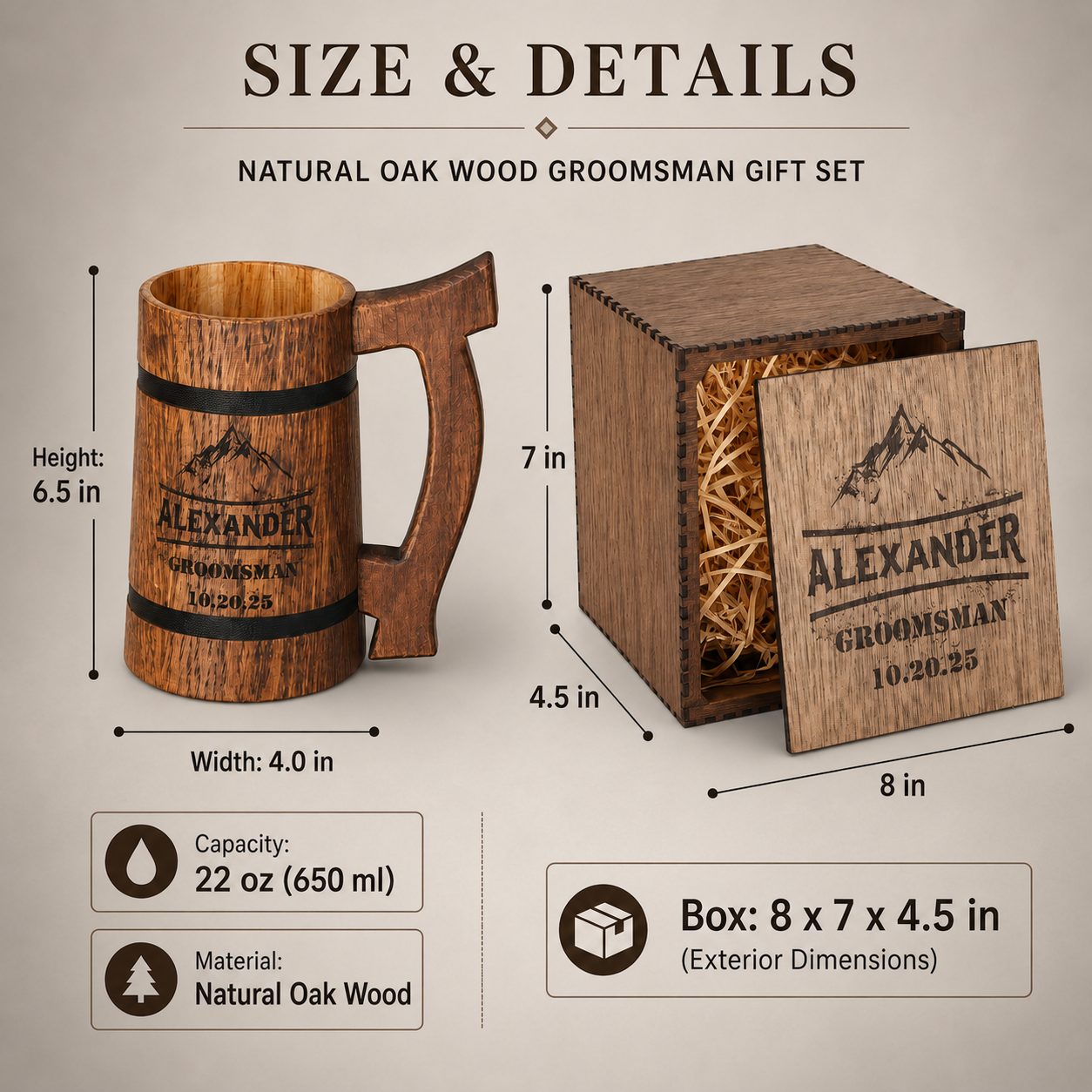 Size and product details for the 22 oz oak beer mug and wooden gift box.