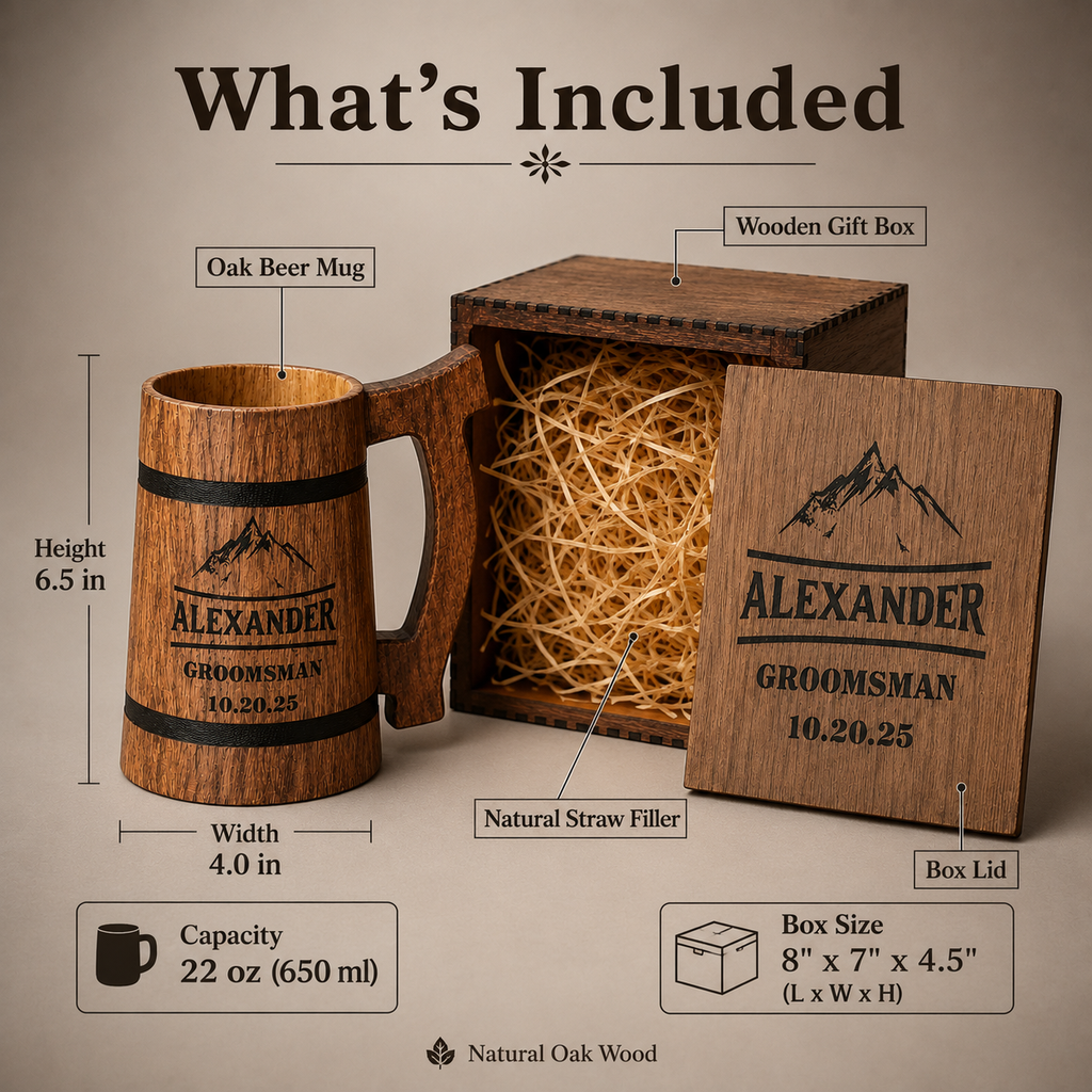 What is included in the oak beer mug gift set: 22 oz mug, wooden box, engraved lid, and natural straw filler.