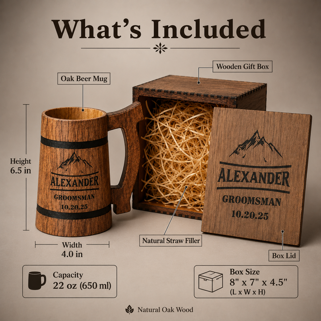 What is included in the oak beer mug gift set: 22 oz mug, wooden box, engraved lid, and natural straw filler.