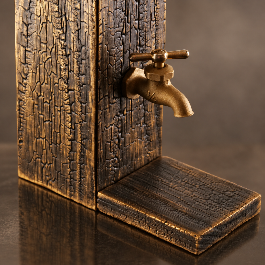 Close-up of the brass tap and wooden platform on a charred oak whiskey dispenser with gold patina.