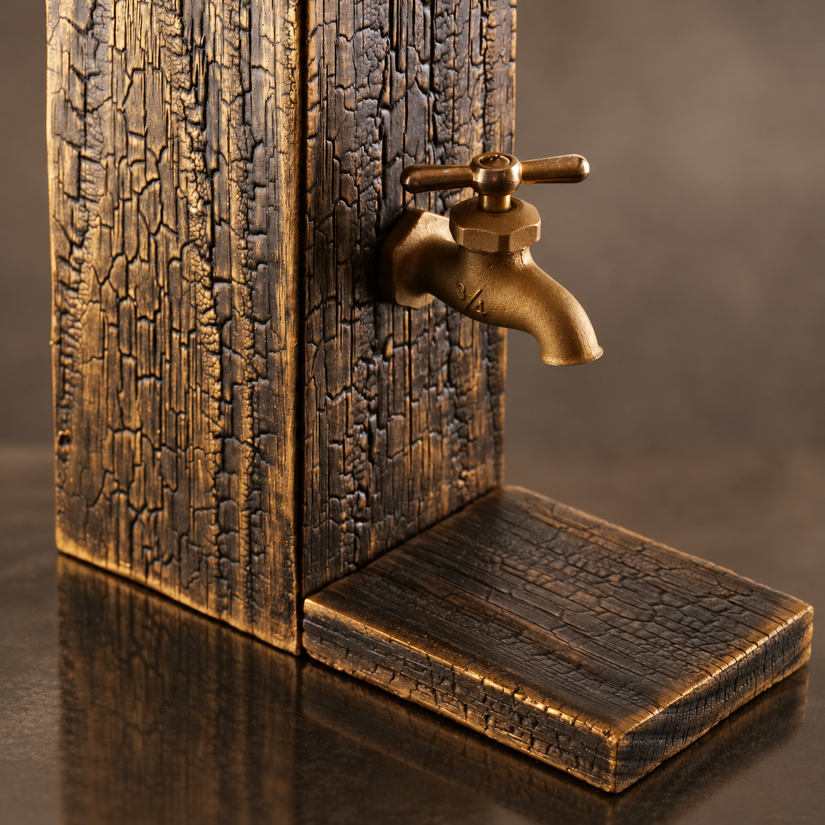 Close-up of the brass tap and wooden platform on a charred oak whiskey dispenser with gold patina.