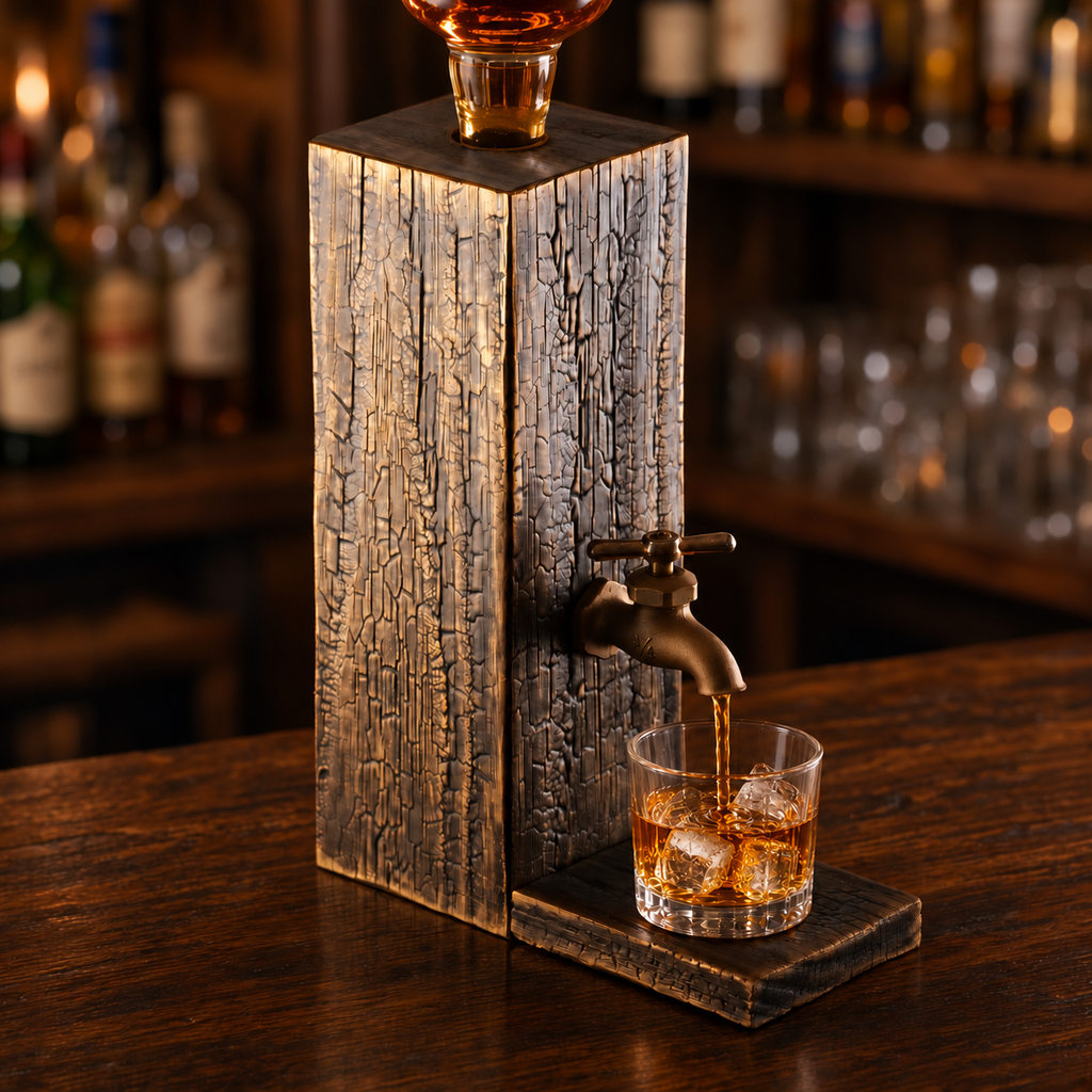 Charred oak whiskey dispenser pouring whiskey into a glass on its wooden platform in a warmly lit home bar.
