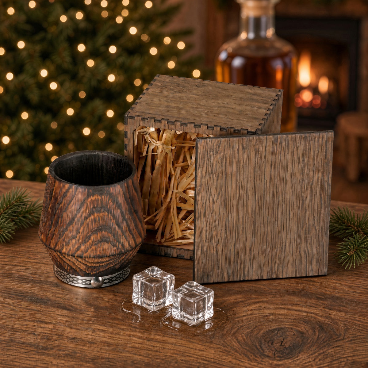 Unpersonalized oak whiskey tumbler and wooden gift box on a dark wood table with warm Christmas lights in the background.