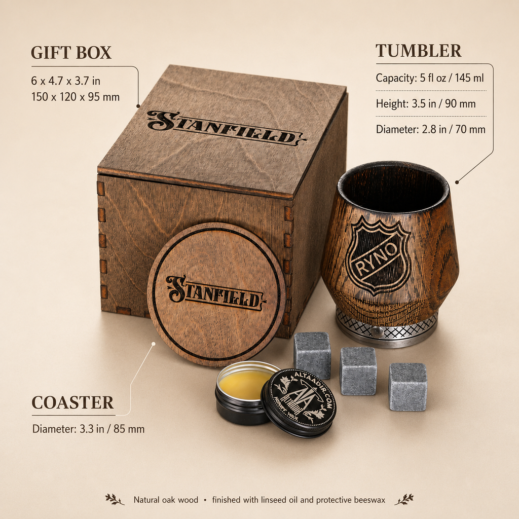 Dimensions of oak whiskey tumbler, engraved wooden gift box, coaster and whiskey stones