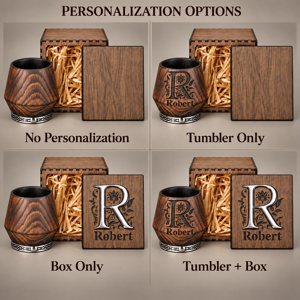 Four personalization options for the oak whiskey gift set: no personalization, tumbler only, box only, or tumbler and box.