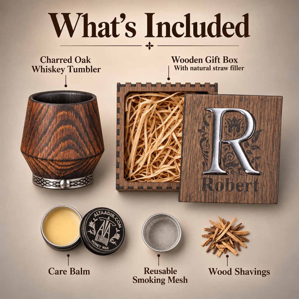Whiskey gift set contents: charred oak tumbler, wooden box with straw filler, care balm, reusable smoker mesh, and wood shavings.