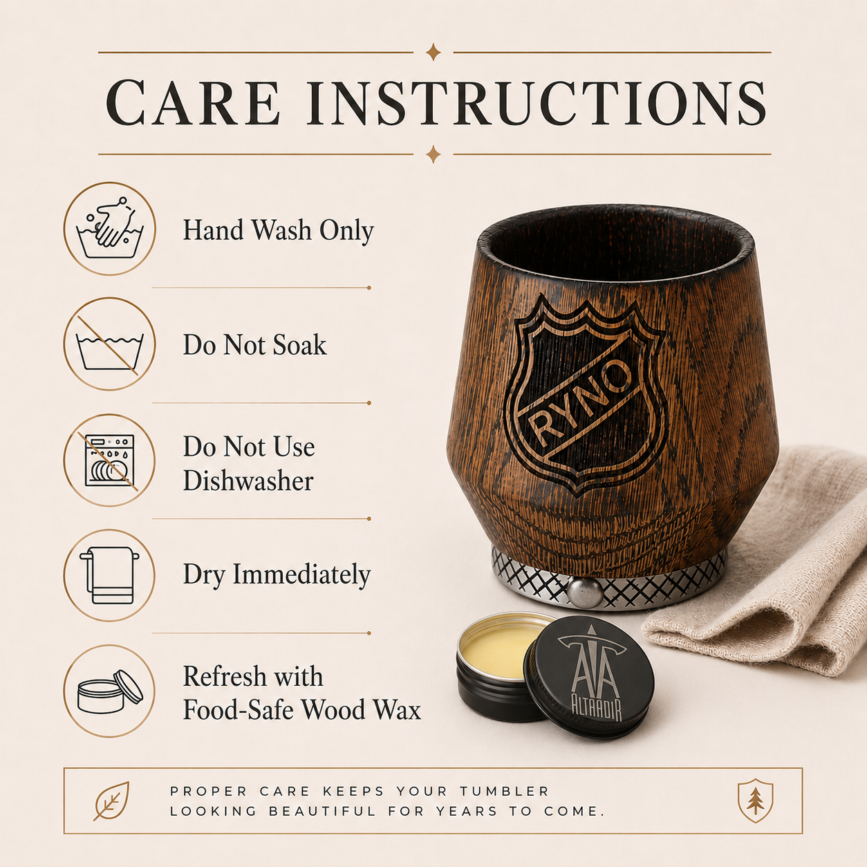 Care instructions for a handcrafted oak whiskey tumbler with food-safe wood finish