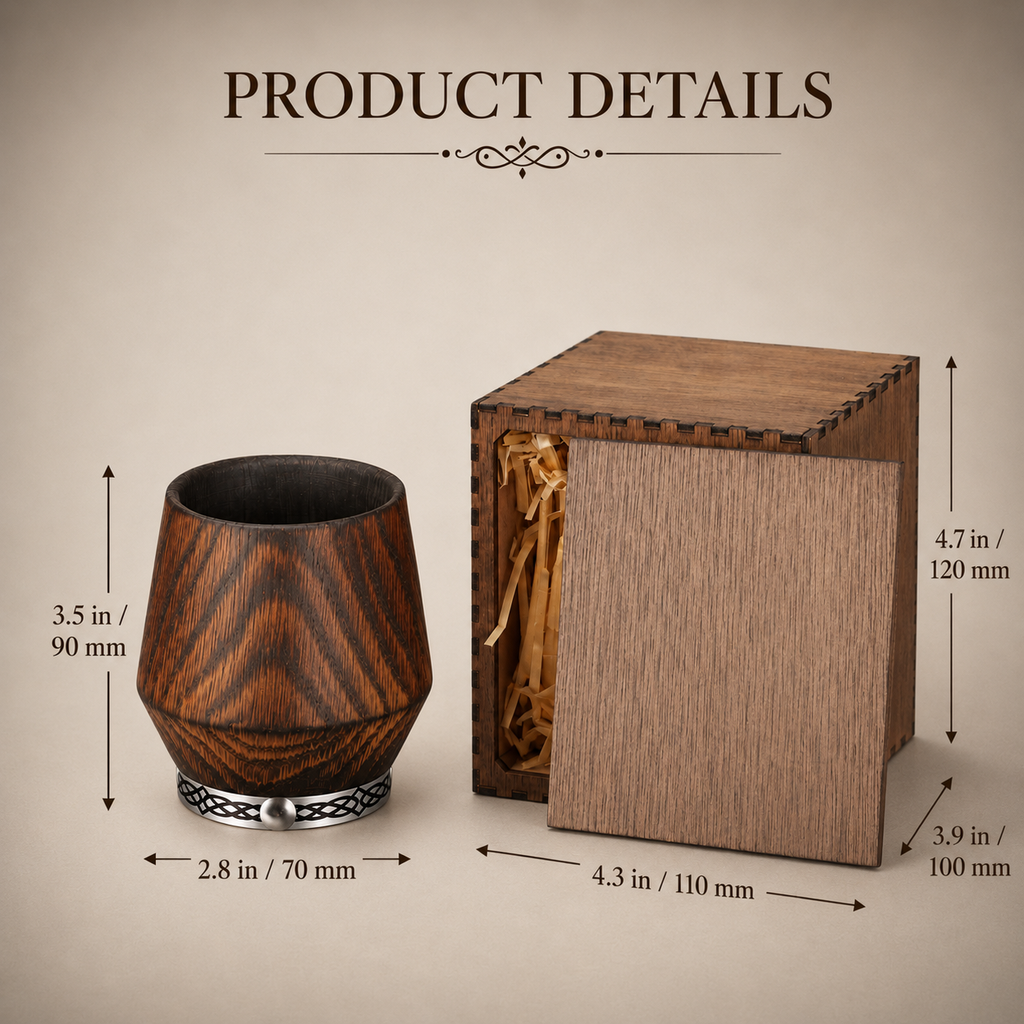 Product dimensions: oak tumbler approximately 3.5 inches tall and 2.8 inches wide, with a 4.3 by 3.9 by 4.7 inch wooden gift box.
