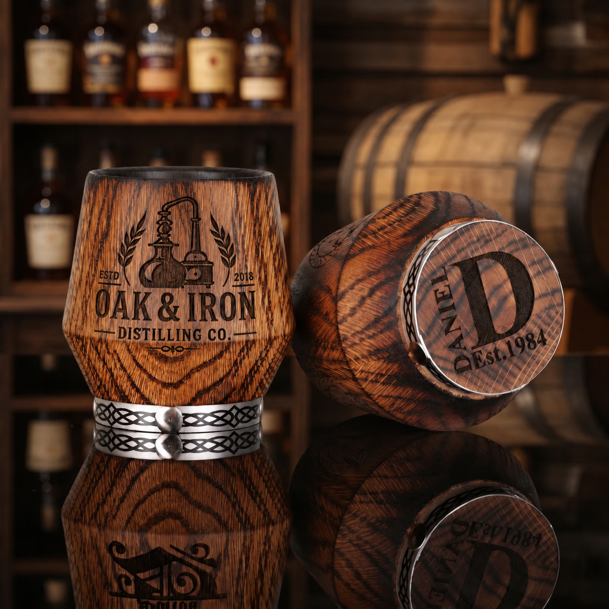 Custom oak whiskey tumbler with deep logo engraving on the side and personalized engraving on the bottom
