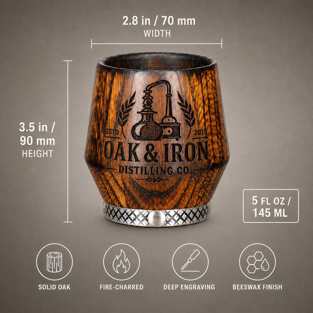 Five ounce oak whiskey tumbler dimensions with 3.5 inch height and 2.8 inch width