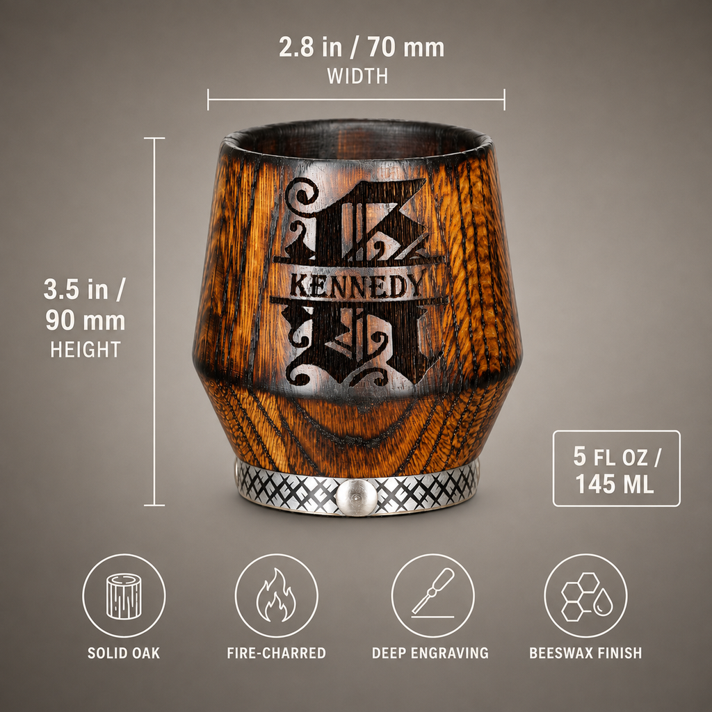 Personalized oak whiskey tumbler dimensions, 5 oz capacity, 3.5 inch height and 2.8 inch width