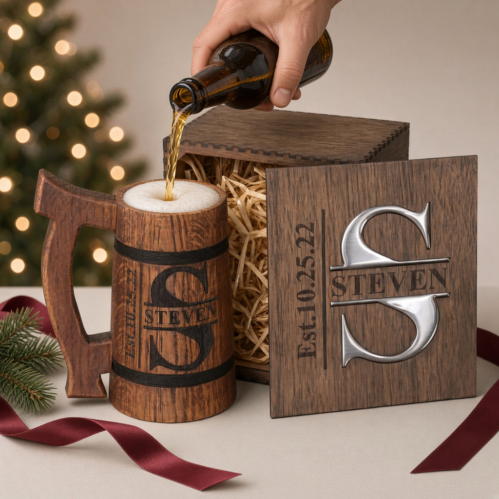 Beer being poured into a personalized wooden mug beside its engraved gift box, with Christmas lights and a red ribbon.