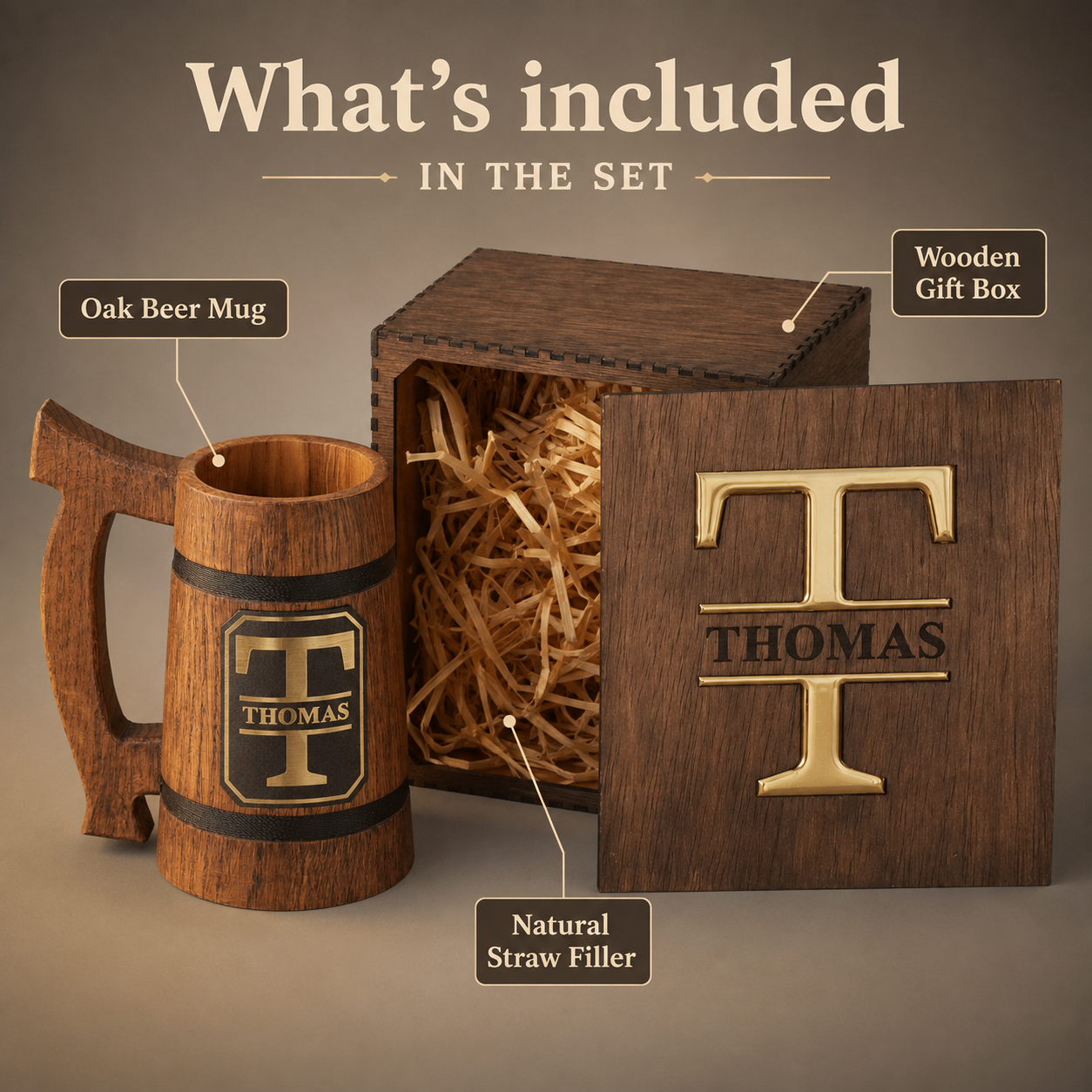 Gift set contents including an oak beer mug, personalized plaque, wooden box, inlay lid, and natural straw filler.