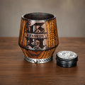 Personalized charred oak whiskey glass with deep custom engraving and natural care wax
