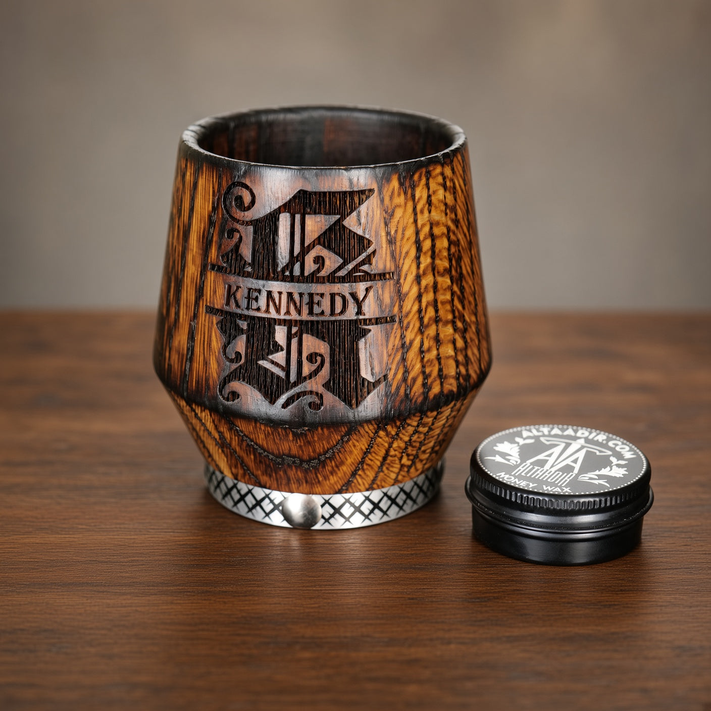 Personalized charred oak whiskey glass with deep custom engraving and natural care wax