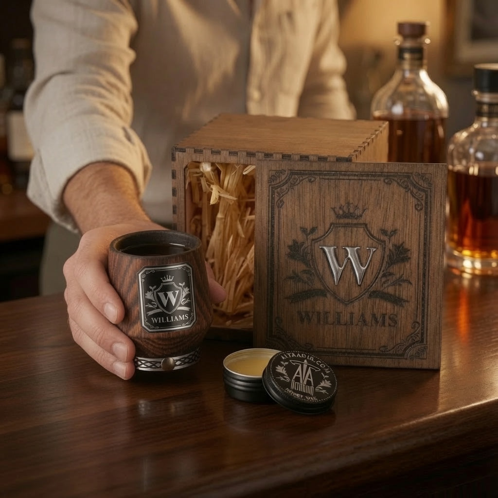 Hand holding a personalized charred oak whiskey glass beside its wooden gift box in a warm home bar setting.