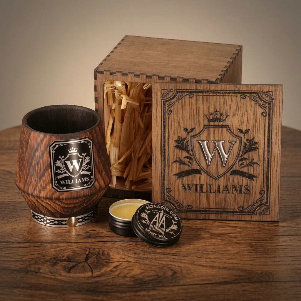 Personalized charred oak whiskey glass with a black aluminum plaque, wooden gift box, silver epoxy inlay lid, and wood care balm.
