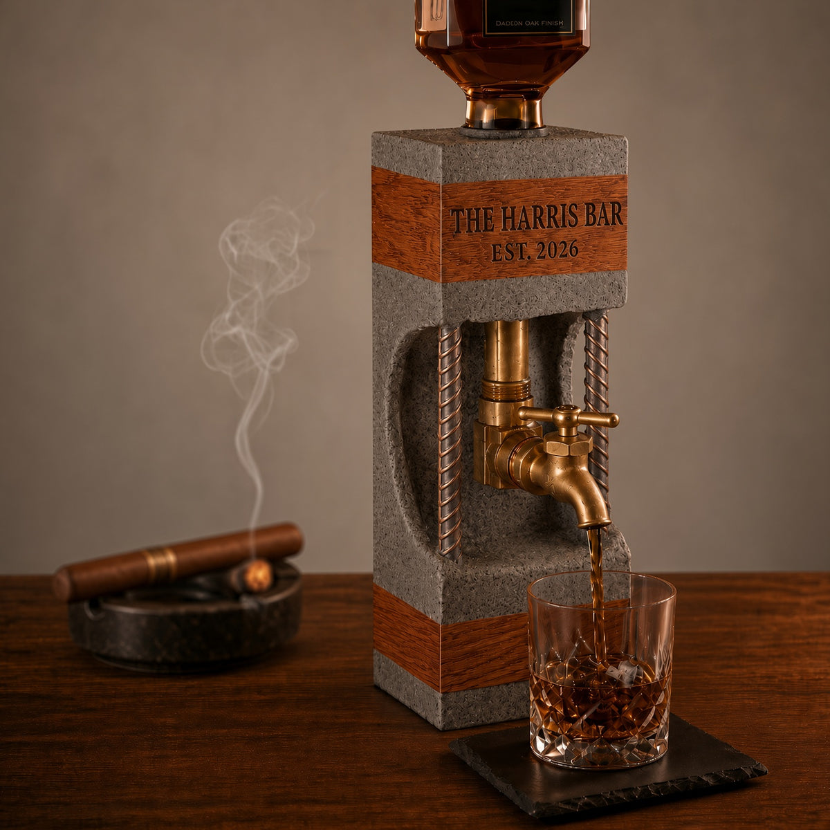 Personalized concrete and oak whiskey dispenser with custom engraving, brass tap and slate coaster